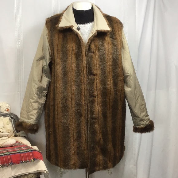 🌲 Denim&Co Tan Denim Faux Fur Trim Lining Button Front with Pockets Coat - Picture 7 of 11